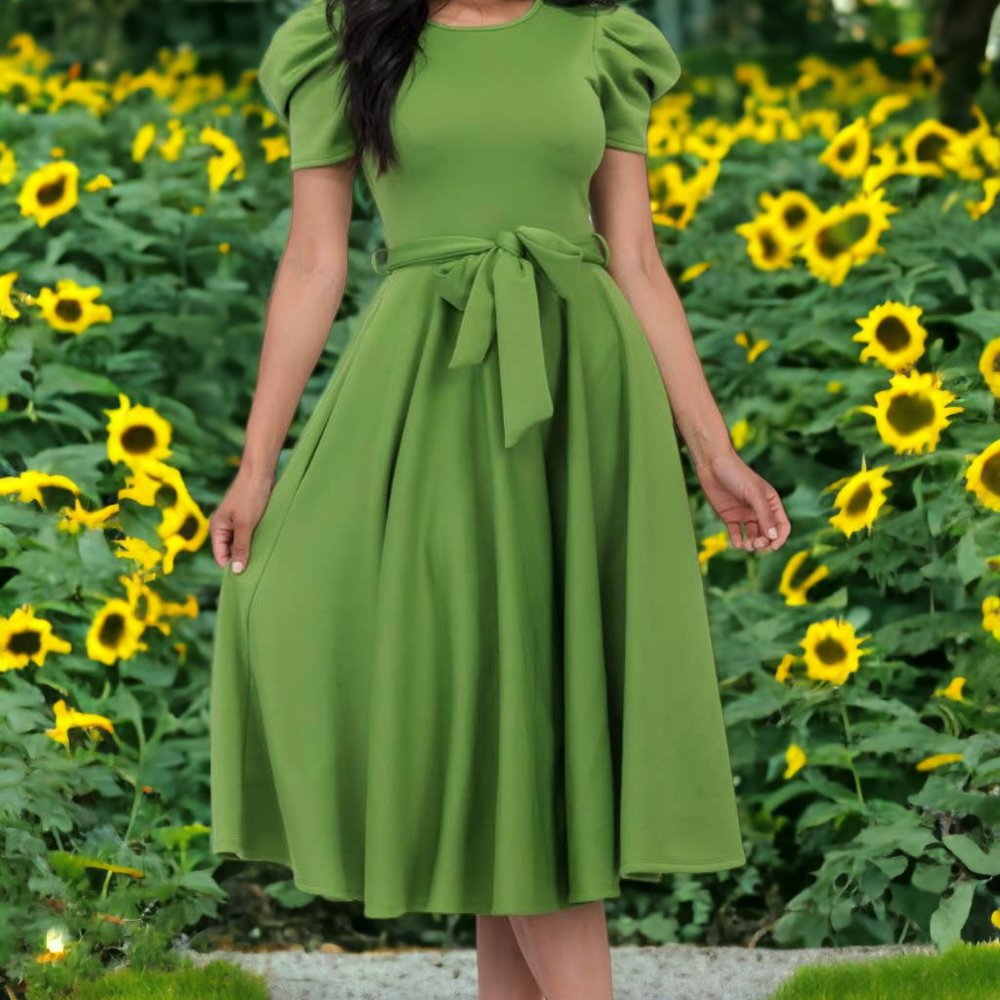 Puff Sleeve Cocktail Dress, Sizes 1X - 3X (Kelly Green)